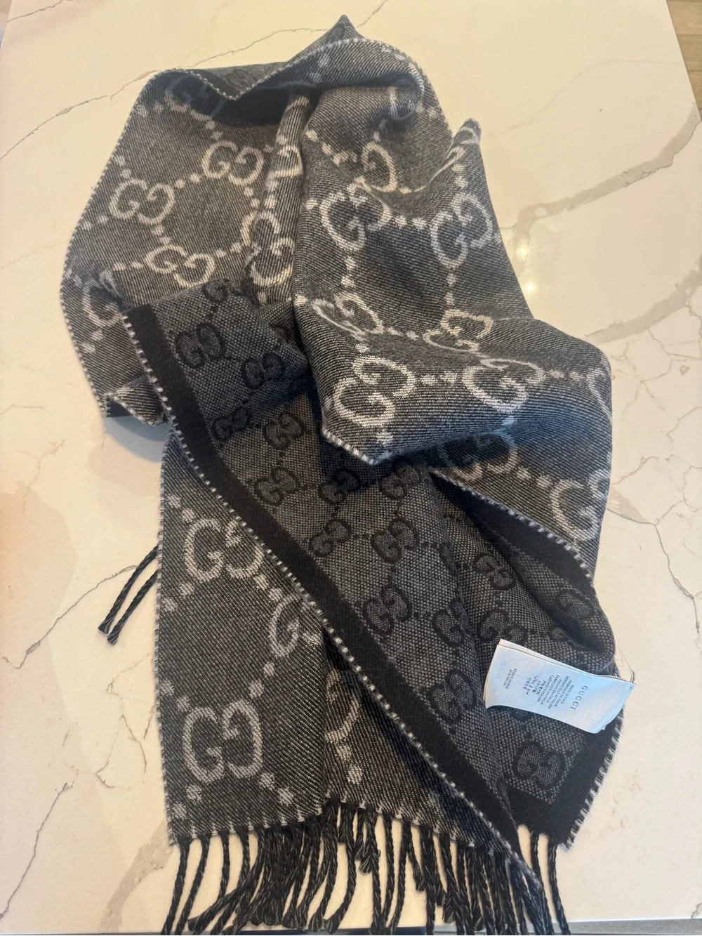 Gucci GG Monogram Wool Scarf in Charcoal and Light Gray